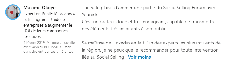5 raccomandazione - LinkedIn Expert - Yannick BOUISSIERE - LinkedIn Specialist, LinkedIn Trainer, LinkedIn Consultant, LinkedIn Coach-min