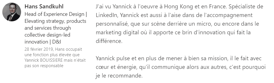 Raccomandazione 8 bis - LinkedIn Expert - Yannick BOUISSIERE - LinkedIn Specialist, LinkedIn Trainer, LinkedIn Consultant, LinkedIn Coach-min